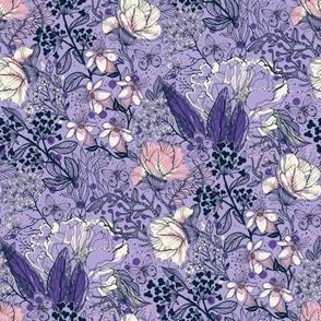 Line Art Garden in Cameo Pink and Ivory on Digital Lavender