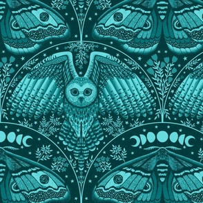 Night Flyers - Owls and Moths in Emerald Green LARGE