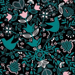 Folk Birds and Tulips in Teal and Cameo Pink on Black