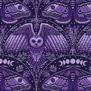 Night Flyers - Owls and Moths in a Moody Purple LARGE