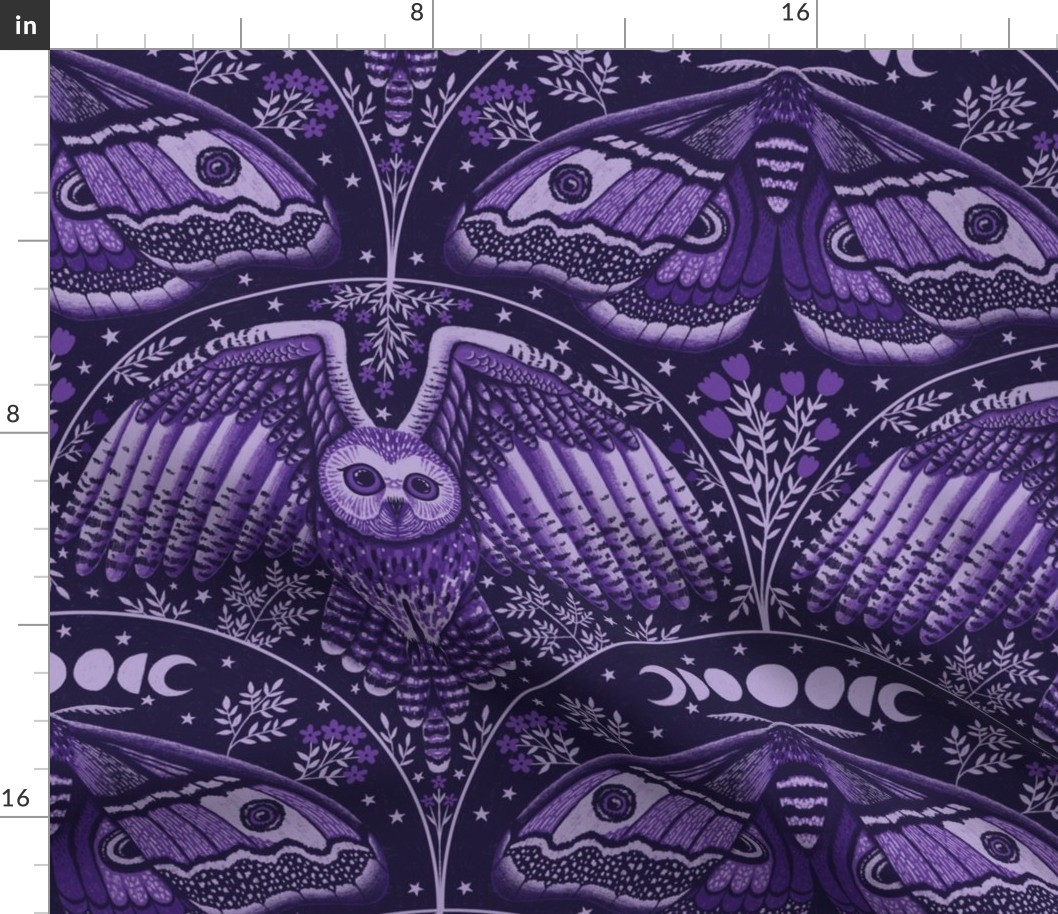 Night Flyers - Owls and Moths in a Moody Purple LARGE