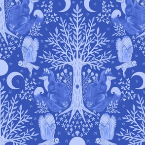 Night in the Forest - Foxes and Owls Blue LARGE