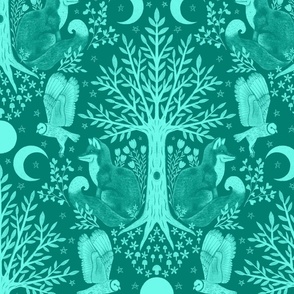 Night in the Forest - Foxes and Owls Emerald Green LARGE