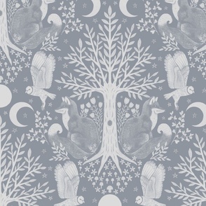 Night in the Forest - Foxes and Owls in Grey LARGE
