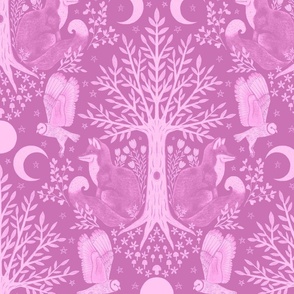 Night in the Forest - Foxes and Owls Powder Pink LARGE