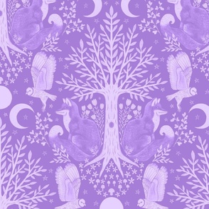Night in the Forest - Foxes and Owls Lilac LARGE