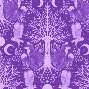 Night in the Forest - Foxes and Owls Purple LARGE