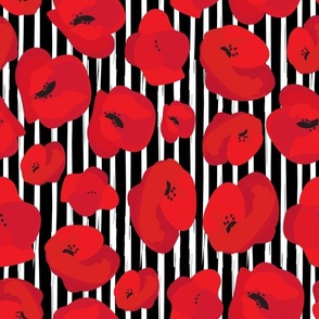 *Metallic* Falling Poppies on Black and White Vertical Stripes - Medium Scale