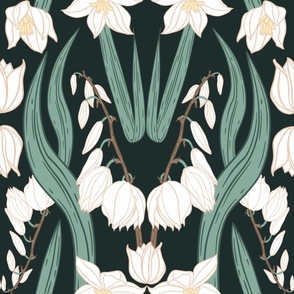 White desert cactus Yucca flowers on a dark green background (large 26x26) 