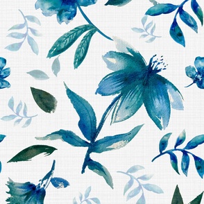 Watercolor brush stroke flowers, leaves blue, aqua, teal, greens Jumbo large