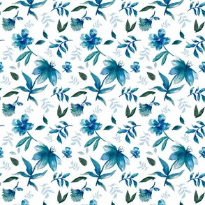 Watercolor flowers and leaves loose blue greens on white - Medium