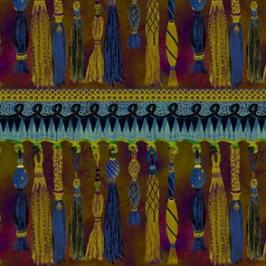 Craft core Passementerie, tassels and braids honeycomb, yellow, lilac, purple, indigo, turquoise  stripes 12” repeat  border design