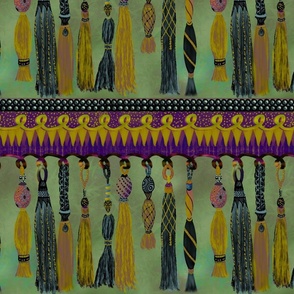 Craft core Passementerie, tassels and braids honeycomb, yellow, lilac, purple, indigo, yelllow and emerald  stripes 12” repeat  border design