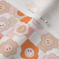 Smiley Face Flowers on Checkerboard 90s retro kids boho muted fall orange tiny micro