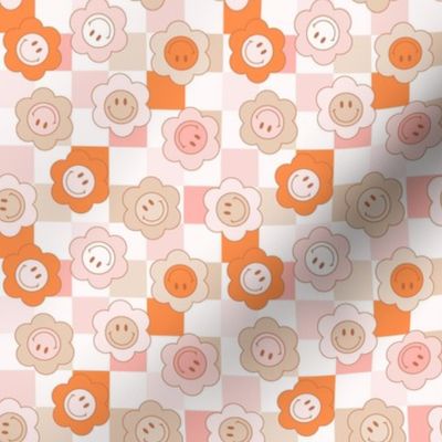 Smiley Face Flowers on Checkerboard 90s retro kids boho muted fall orange tiny micro