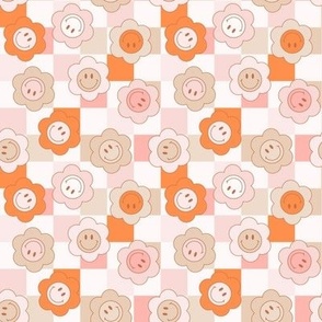 Smiley Face Flowers on Checkerboard 90s retro kids boho muted fall orange tiny micro