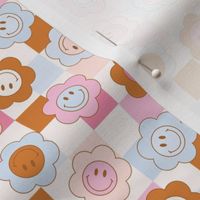 Smiley Face Flowers on Checkerboard 90s retro kids nursery pink blue tiny micro