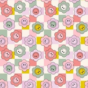 Smiley Face Flowers on Checkerboard 90s retro kids spring summer tiny micro