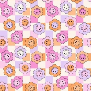 Smiley Face Flowers on Checkerboard 90s retro kids in orange pink lilac tiny micro