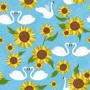 Blue swans and sunflowers