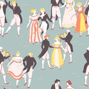 Regency dancers in pistachio, light pink, yellow, orange