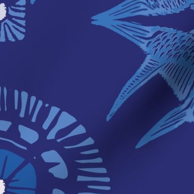 Star block printed hummingbirds in lapis lazuli intense blue
