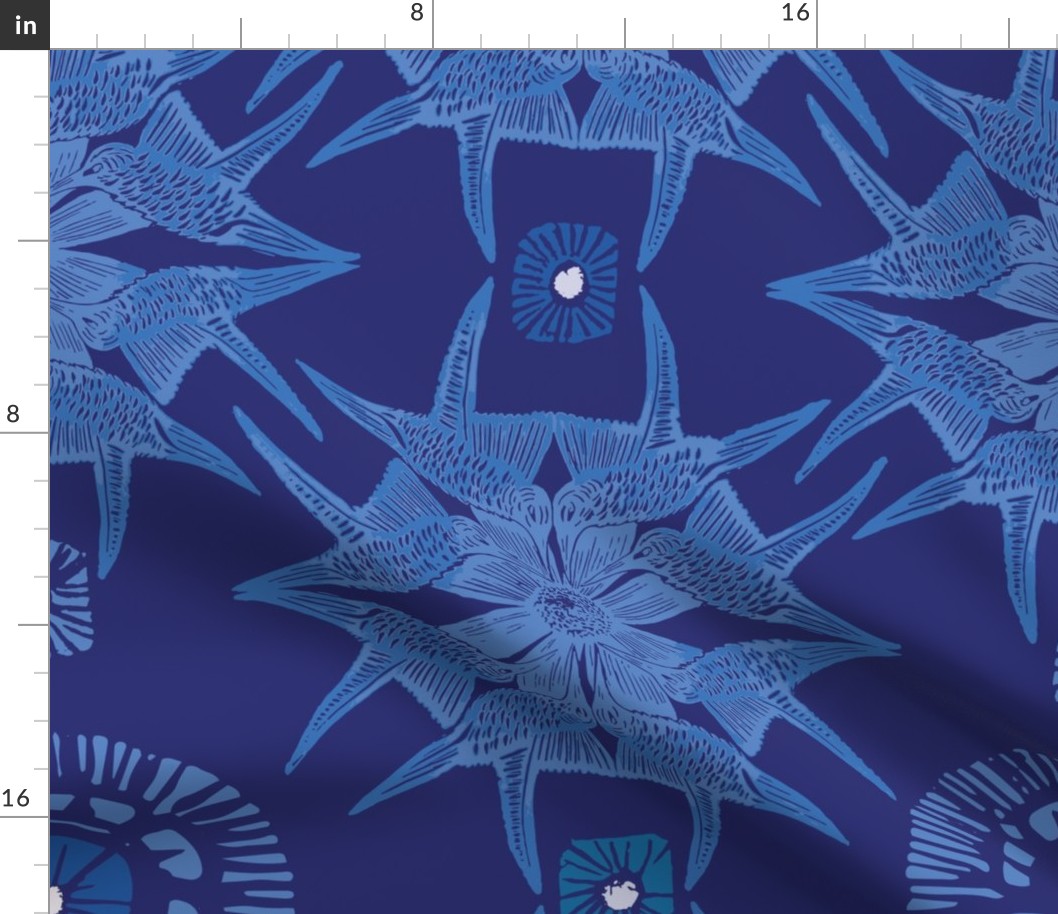 Star block printed hummingbirds in lapis lazuli intense blue