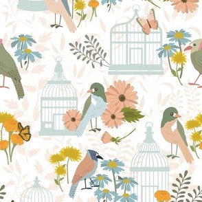 Birds and Birdcages in a botanical garden of leaves and flowers