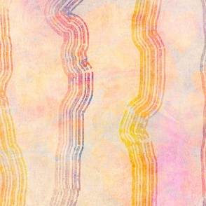 Large scale vertical multiline wriggle stripe in rainbow colours on a yellow and pink marbled background 