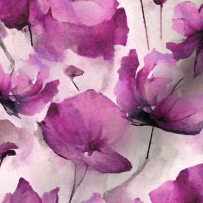 Wild Poppy Flower Loose Abstract Watercolor Floral Pattern Fuchsia Pink Smaller Scale