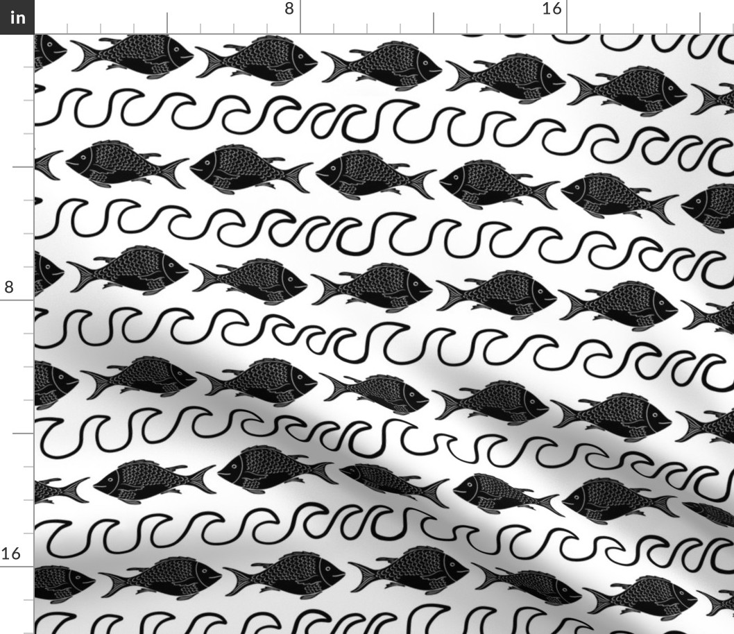 Tropical Fish Sea Waves Black and White