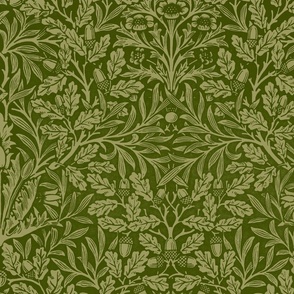 acorn damask restored historical antique William Morris in olive green // arts and crafts, dark green with block printing texture, woods, woodlands