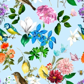 Vintage flowers,birds,butterflies,robin bird,bees,magnolia,citrus,lemon.