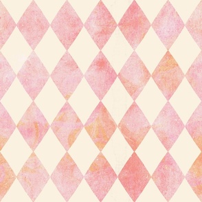 Classic diamond​,​ harlequin pattern in marbled pink tones on a cream background