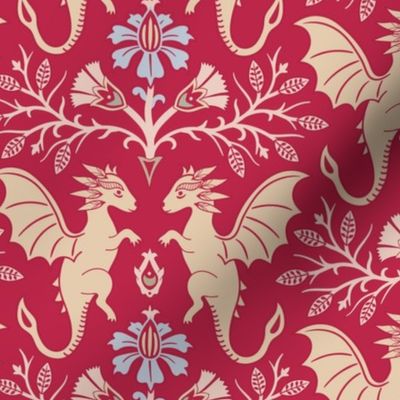 Dragons Damask - traditional, fantasy, floral, geek, goth - Viva Magenta, colour of the year 2023  - Pollinator Dragons coordinate - large