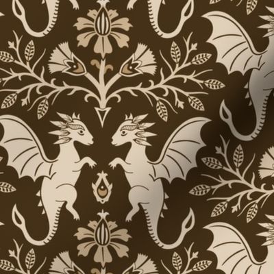 Dragons Damask - traditional, fantasy, floral, geek, goth - antique, brown gold  - Pollinator Dragons coordinate - large