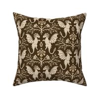 Dragons Damask - traditional, fantasy, floral, geek, goth - antique, brown gold  - Pollinator Dragons coordinate - large