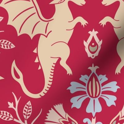 Dragons Damask - traditional, fantasy, floral, geek, goth - Viva Magenta, colour of the year 2023  - Pollinator Dragons coordinate - extra large