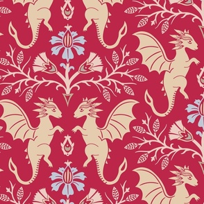 Dragons Damask - traditional, fantasy, floral, geek, goth - Viva Magenta, colour of the year 2023  - Pollinator Dragons coordinate - extra large