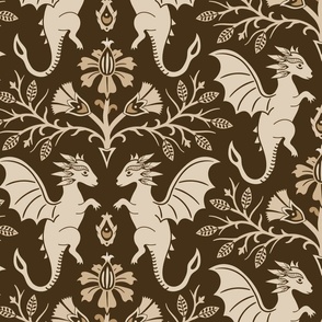 Dragons Damask - traditional, fantasy, floral, geek, goth - antique, brown gold  - Pollinator Dragons coordinate - extra large