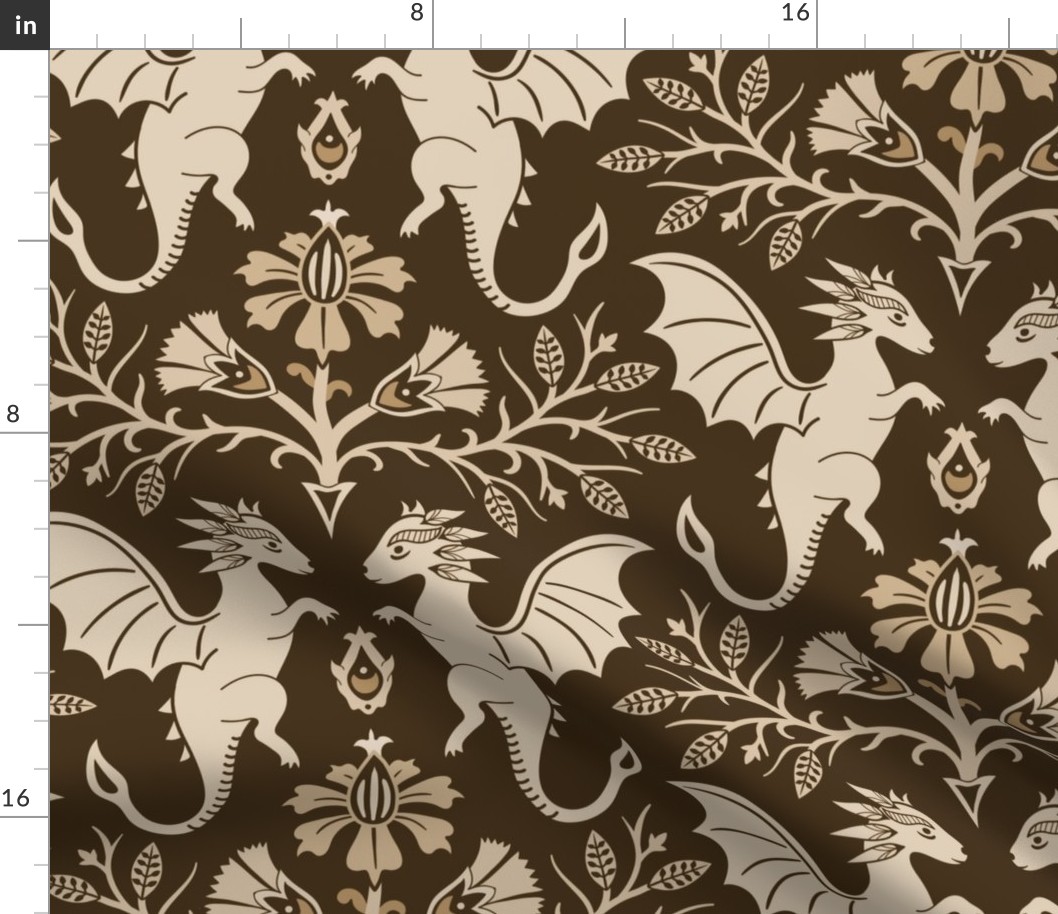 Dragons Damask - traditional, fantasy, floral, geek, goth - antique, brown gold  - Pollinator Dragons coordinate - extra large