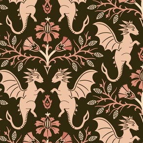 Dragons Damask - traditional, fantasy, floral, geek, goth - vintage brown and coral  - Pollinator Dragons coordinate - extra large
