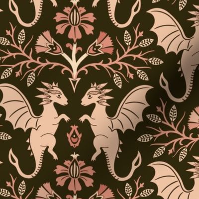 Dragons Damask - traditional, fantasy, floral, geek, goth - vintage brown and coral  - Pollinator Dragons coordinate - large