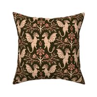 Dragons Damask - traditional, fantasy, floral, geek, goth - vintage brown and coral  - Pollinator Dragons coordinate - large