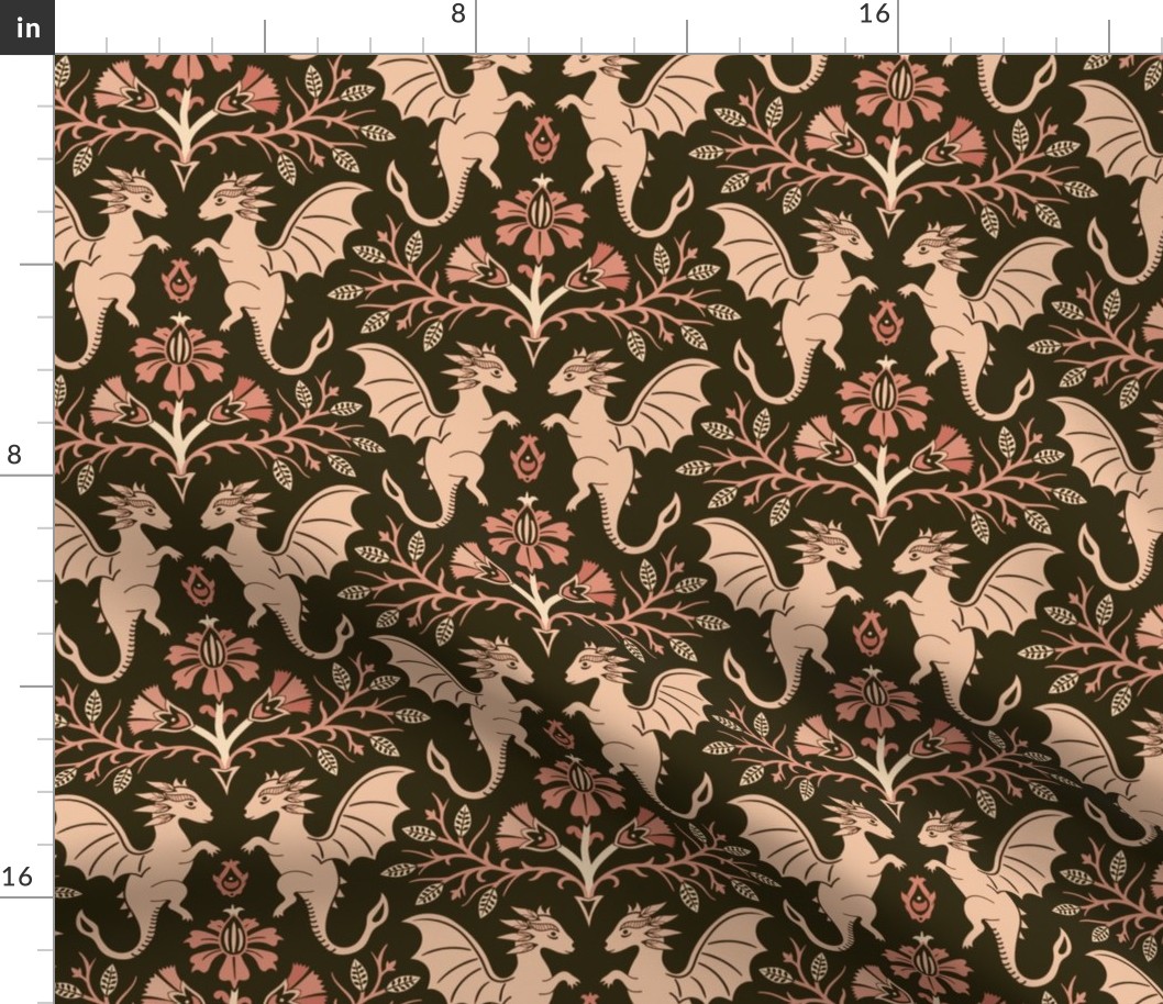 Dragons Damask - traditional, fantasy, floral, geek, goth - vintage brown and coral  - Pollinator Dragons coordinate - large