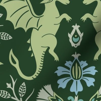 Dragons Damask - traditional, fantasy, floral, geek - deep emerald green  - Pollinator Dragons coordinate - extra large