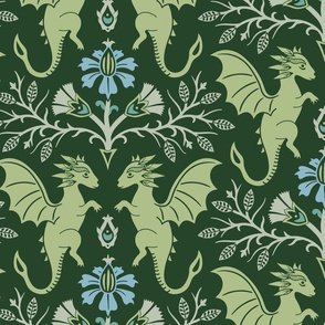 Dragons Damask - traditional, fantasy, floral, geek - deep emerald green  - Pollinator Dragons coordinate - extra large