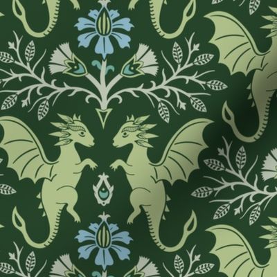 Dragons Damask - traditional, fantasy, floral, geek - deep emerald green  - Pollinator Dragons coordinate - large