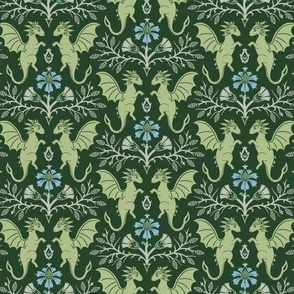 Dragons Damask - traditional, fantasy, floral, geek - deep emerald green  - Pollinator Dragons coordinate - large