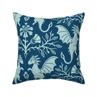 Dragons Damask - traditional, fantasy, floral, geek - cyanotype, blue-green monochrome - Pollinator Dragons coordinate - extra large